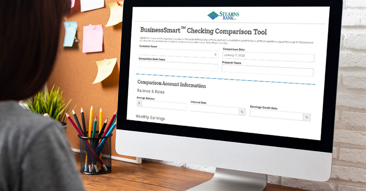A computer screen showing Stearns Bank's BusinessSmart Checking Comparison Tool